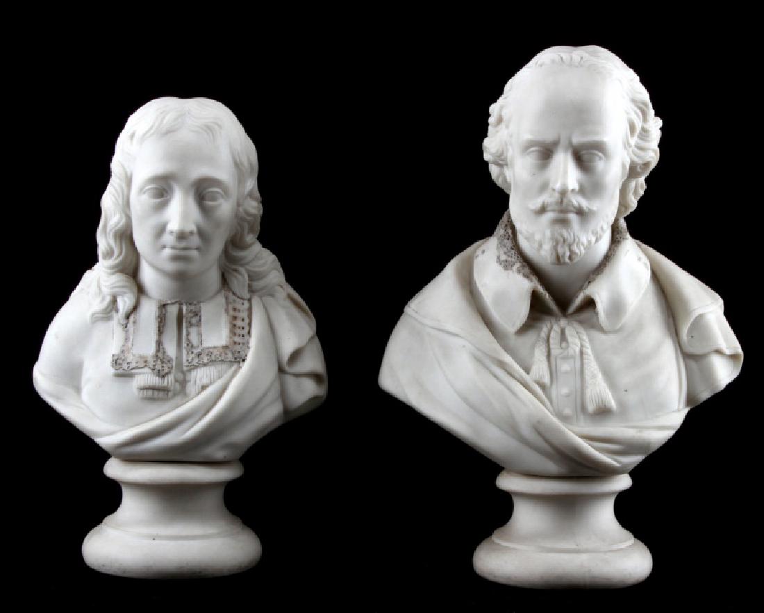 COPELAND PARIAN BUSTS WILLIAM SHAKESPEARE & MILTON: Very good condition despite almost total lack of porcelain lace collar. Shakespeare measures 8.25", John Milton measures 7.25". Shakespeare probably made by Copeland, but not marked. Milton is marked 