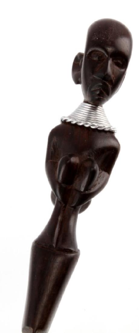 AFRICAN CARVED EBONY LETTER OPENER: 9.5" with white medal wrapped collar. Very good condition. No detractions.