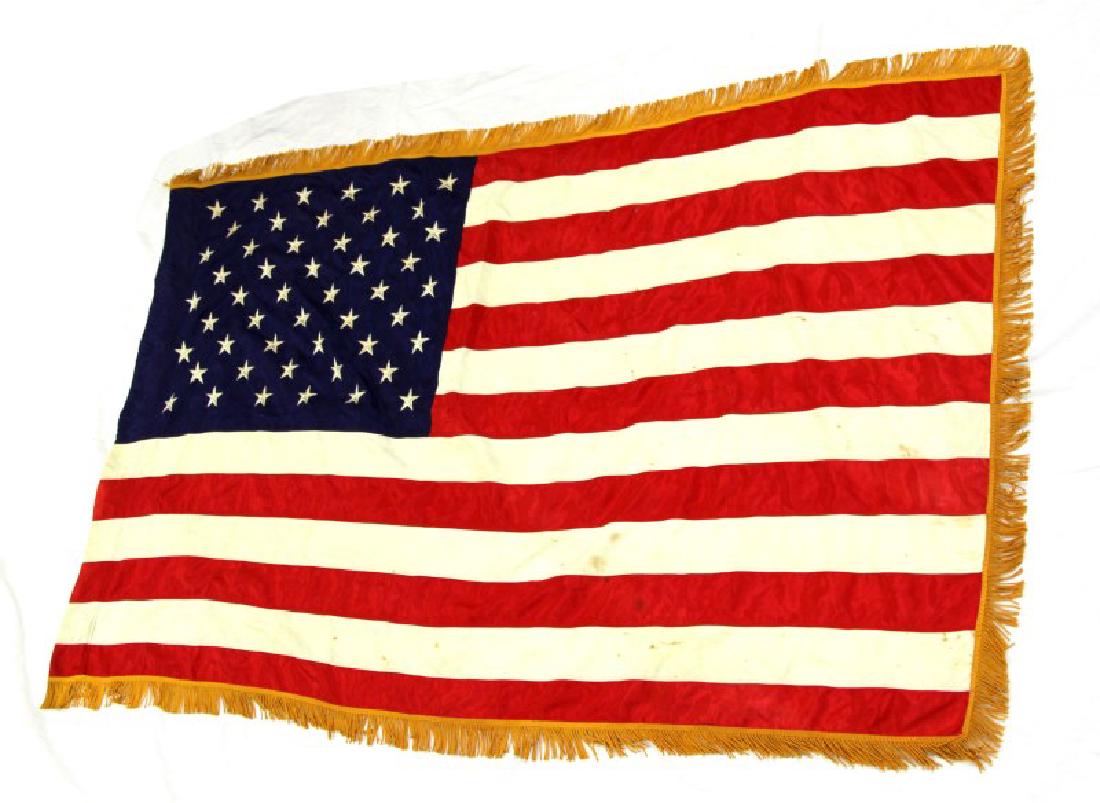 COLONIAL ARTGLO 50 STAR U.S. VINTAGE FLAG: 100% Acetate, with gold fringe , hangs vertically, measures 35 by 60 inches. A few rust stains otherwise very good.