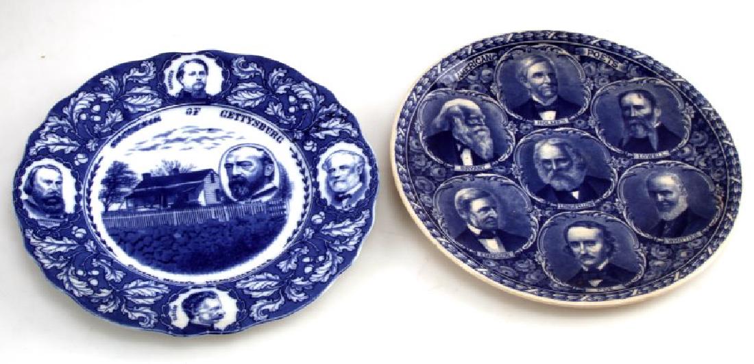 PAIR OF ANTIQUE PORCELAIN STAFFORDSHIRE & F.WINKLE: Lot of 2 antique British porcelain commemorative blue-dyed plates. Lot includes: One American Poets commemorative plate featuring Holmes, Lowell, Emerson & Poe by Rowland & Marsellus Co. Staffordshire