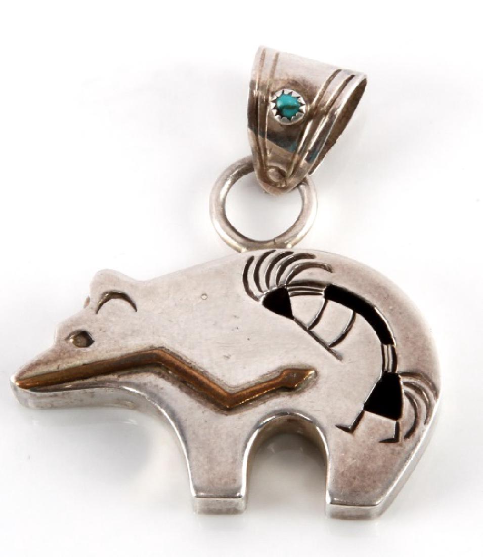 STERLING KOKOPELLI BEAR C. PERRY PENDANT: 4 cm long. Bail has turquoise. Very good condition.