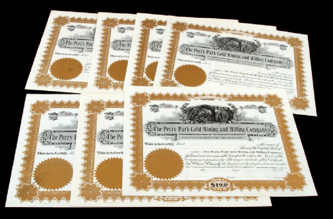 DOZEN PERRY PARK GOLD MINING CO. STOCK CERTIFICATE: Lot of a dozen (12) Perry Park Gold Mining & Milling Company based in Colorado Stock Certificates for 1,250,000 Capital Stock per certificate. Certificate's are numbered from 48 to 69 and are printed 