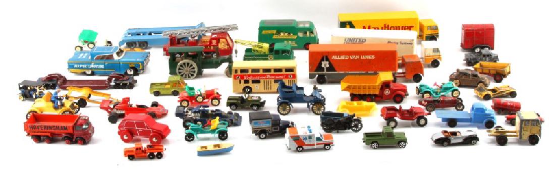 VINTAGE RALSTOY MATCHBOX LESNEY MODEL CAR LOT: Over 40 vintage model car, truck, bus, and semi pieces. Includes but not limited to: Ralstoy moving trucks, BP bus and work trucks, many Matchbox cars, some tin, some wood, one Lesney boat, and more. 