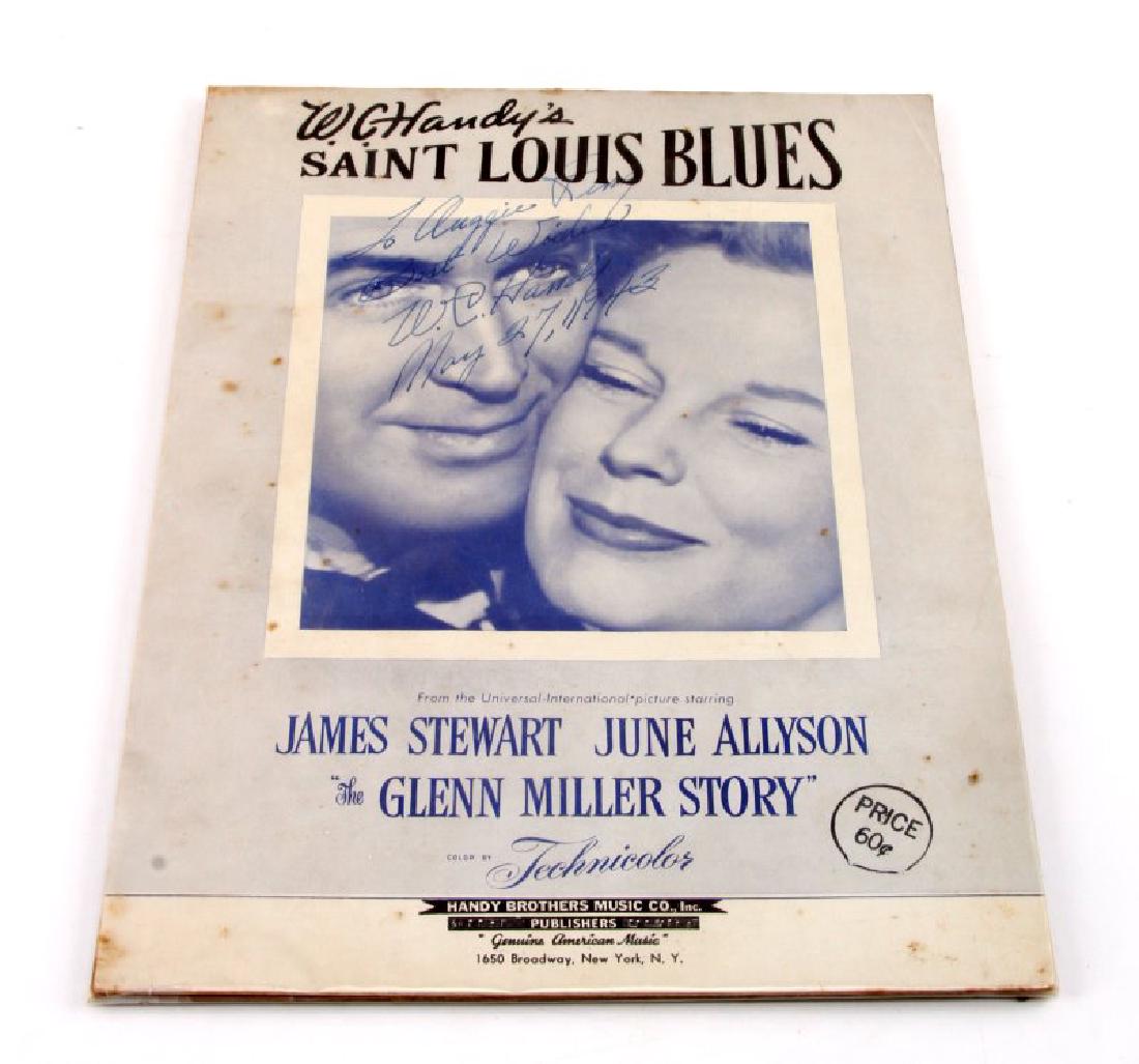 W.C. HANDY AUTOGRAPHED ST LOUIS BLUES SONG SHEET: Dated 1943 with dealers old sales tag attached, guaranteed authentic.