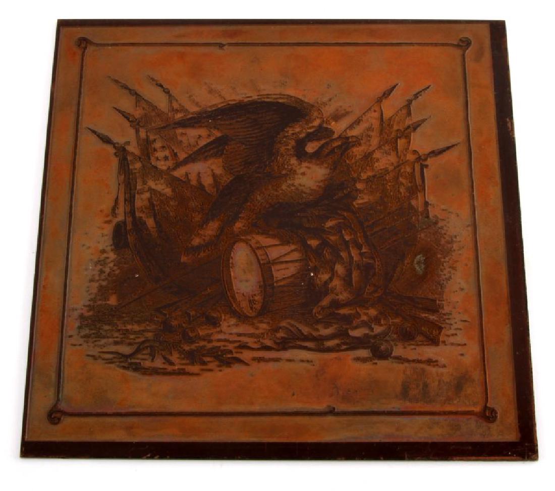 CIVIL WAR PERIOD PATRIOTIC PRINTING PRESS c.1858: Patriotic printing plate. The plate is comprised of copper. This beautifully execute plate was used for Posters, Books, New Ads, etc. It shows a large Eagle sitting on a cannon with Flags, Spears, Dru