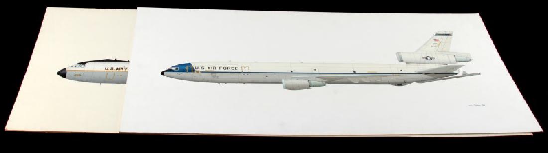 PAIR OF JOHN FICKLEN AVIATION PAINTINGS KC-10: 1994 acrylic on art board painting of aerial refueling tanker AMC 90434 (McDonnell Douglas KC-10); 30" x 15". 1994 acrylic on art board painting of strategic airlifter AMC 70166 (Lockheed C-141 Starli