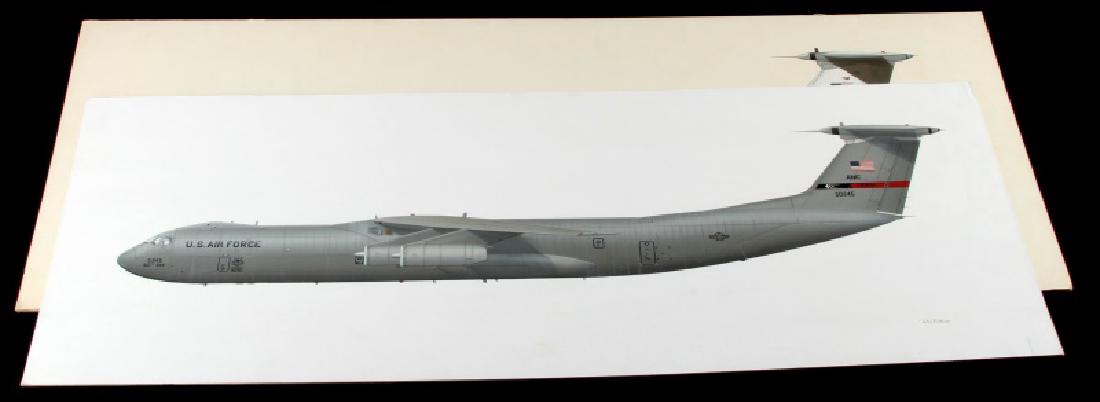 PAIR OF JOHN FICKLEN USAF C-141 STARLIFTER: Two acrylic on art board Lockheed C-141 Starlifter (MAC 70166 and AMC 50425). One measures 39"x15", the other measures 36.5"x14". Both singed. Very good condition. with some delamination of the art bo