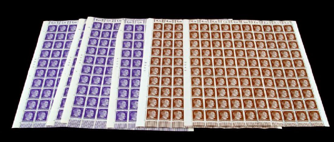 WWII GERMAN HITLER STAMPS 3 & 6 PFENNIG 6 SHEETS: 4 complete uncanceled 6 pfennig Ukraine stamps and 2 complete partially separated 43 pfennig stamps. Excellent condition. This lot has a reserve.