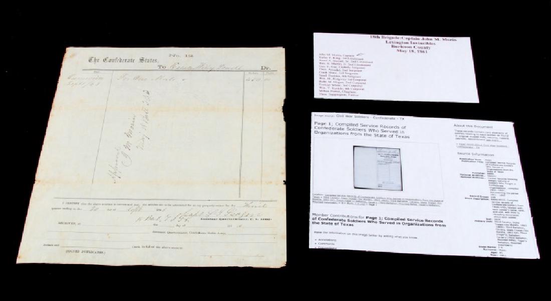CONFEDERATE CAPT. JOHN MORIN BUYS A MULE DOCUMENT: CSA voucher 123 written to the Estate of WIley Powell on Set 1 1863 in Ournsville /Ownesville for One Mule for $450. Signed by Captain J.M. Morin, 18th Battalion, CSA. Morin was mustered into the Lexi