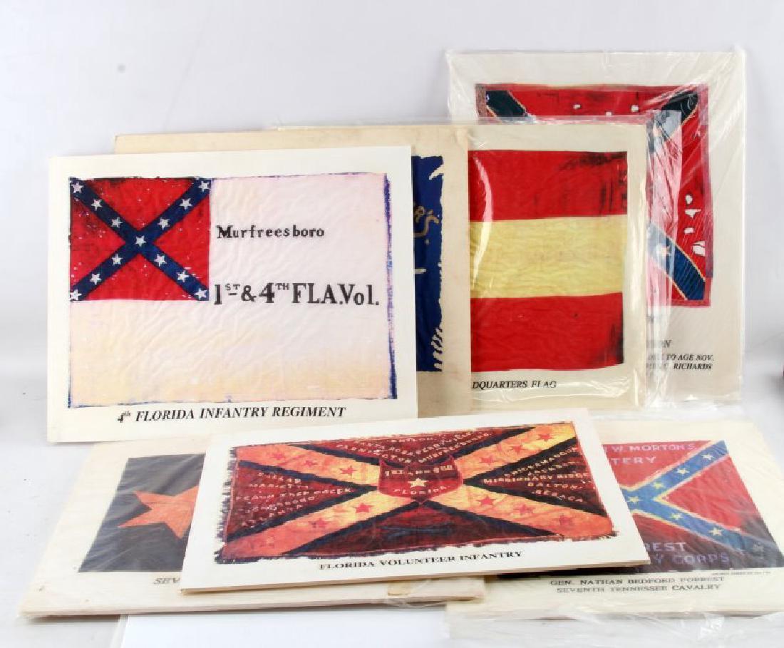 LOT OF 8 CONFEDERATE ARMY CIVIL WAR FLAG PRINTS: Each flag is printed on fabric fixed onto a foam board backing. The flags range from volunteer to infantry regiment flags, including flags from General Nathan Bedford Forrest Seventh Tennessee Cavalry