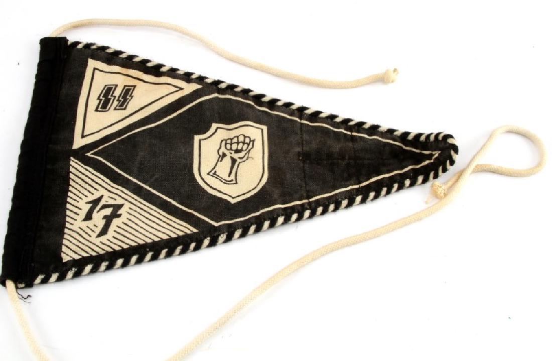 GERMAN WWII WAFFEN SS 17TH KORPS OFFICERS PENNANT: German WWII Waffen SS 17th Korps Officers Vehicle Staff Car Pennant. Measures 12 1/8" wide by 7 7/8" tall. Has a black cotton bunting with rope on one end. Includes a paper 'SS RZM' tag. Four piece ma