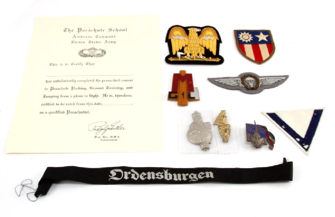 LOT OF 10 WWII ITALIAN-GERMAN & AMERICAN MILITARIA: Lot of 10 WWII era fascist Italian-German & American militaria including: Ordensburgen an elite NSDAP German military school cuff title 16'' long, WWII American paratrooper's patch, WWII American Para
