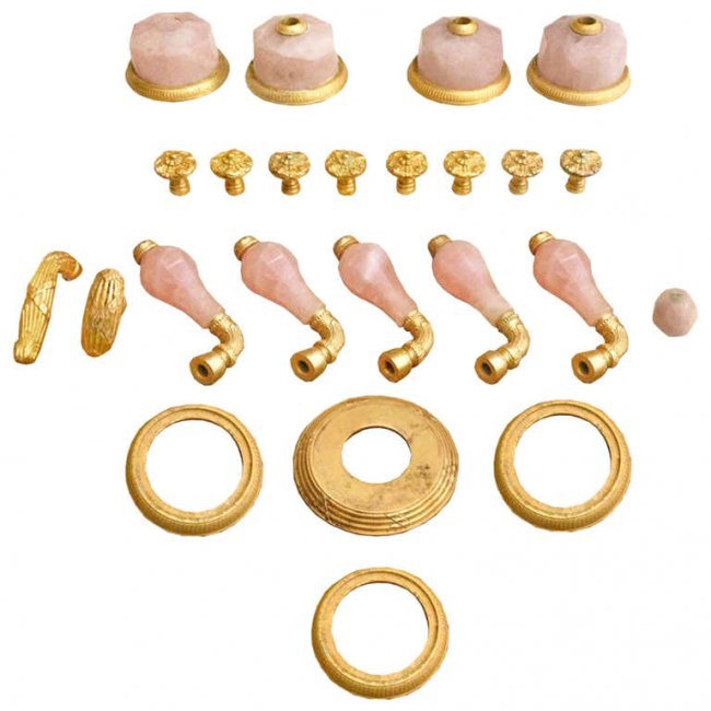Gold-Plated Rose Quartz Bathroom Fixtures: Rose quart plumbing parts by Sherle Wagner, retails for thousands check with your plumber for completeness. HEIGHT:2.75 in. (7 cm)WIDTH:4.75 in. (12 cm)DEPTH:1.5 in. (4 cm)