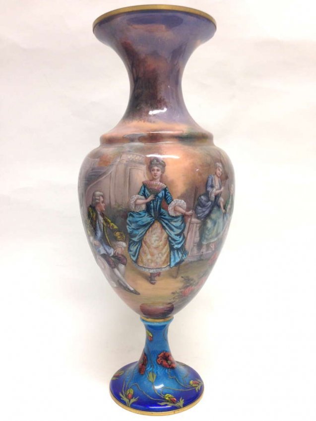 Large and Fine French Enamel Vase, circa 1880: limoge enamel vase artist signed, excellent antique condition, minor professional restoration. HEIGHT:10.75 in. (27 cm) WIDTH:4.5 in. (11 cm) DEPTH:4.5 in. (11 cm)
