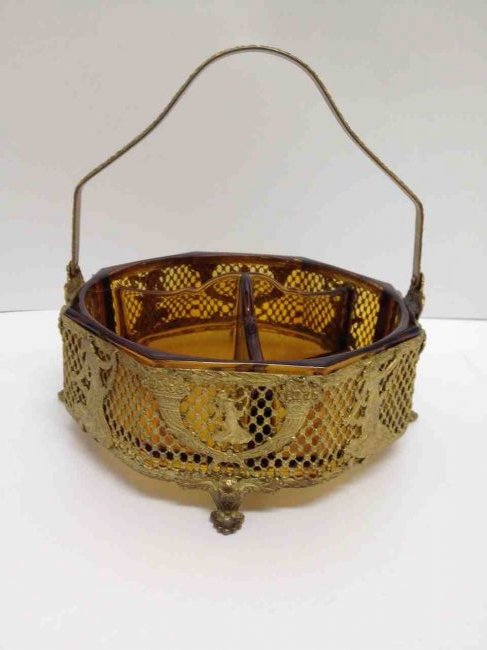 Gilt Metal and Amber Glass Nut Dish with Handle (1 of 5)