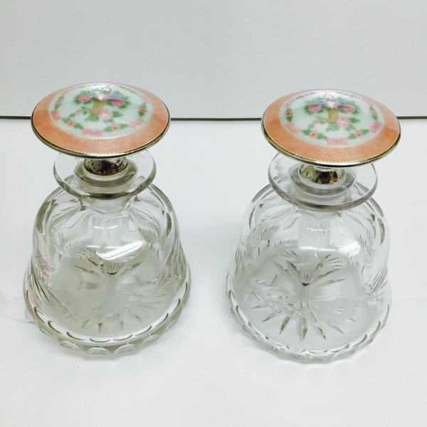 Etched Perfume Bottles with Sterling and Enamel c1900 (1 of 5)