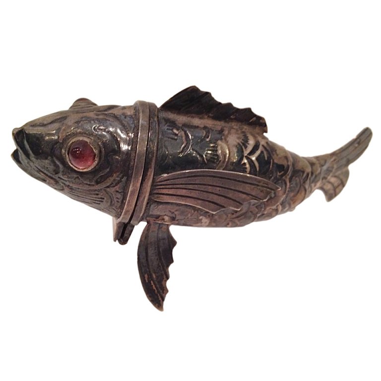 Reticulated silver fish form spice box marked 19thc (1 of 6)