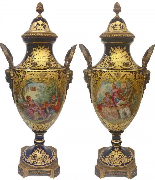 Pair of Hand Painted Raised Gilt Sevres Urns 19thc. (1 of 10)