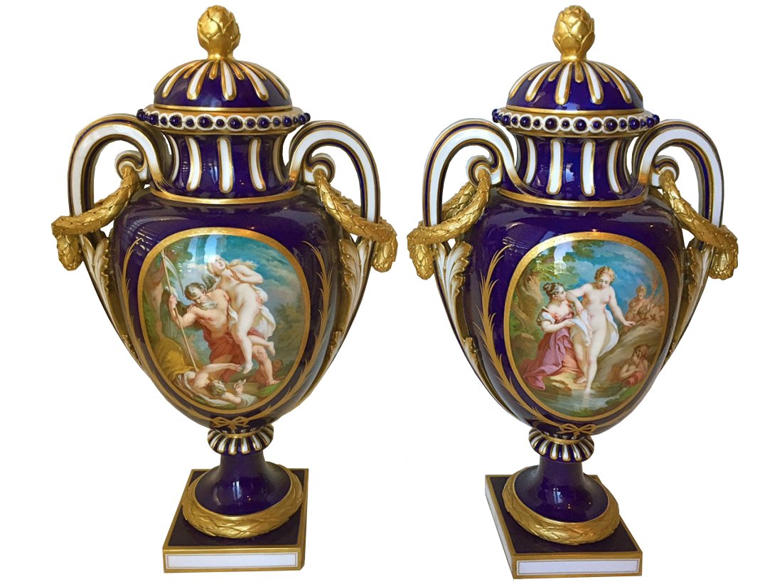 Very Fine Minton Mantle Urns Hand-Painted Gilt 19thc.: Classic form is found on this pair of Minton Mantle Urns the Urns centered by fantastic handpainted scenes of nudes and putti. The reverse with flower rings hanging from ribbons. Condition fantastic w