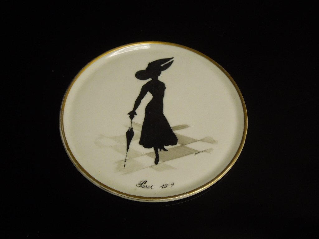 French Antique Plate 1920s: Round shaped dish decorated with Shadow of Woman in outdoor scenes. D: 8"
