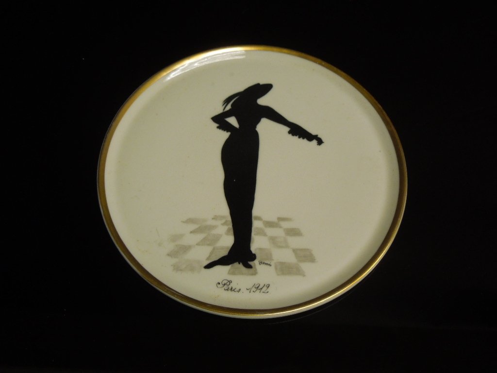 French Antique Plate 1920s: Round shaped dish decorated with Shadow of Woman in outdoor scenes. D: 8"