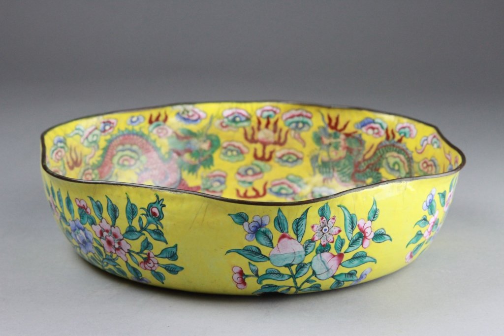 Chinese Enamel Bowl With Five Claw Dragon: Height: 2.875 inches, Width: 12 inches.