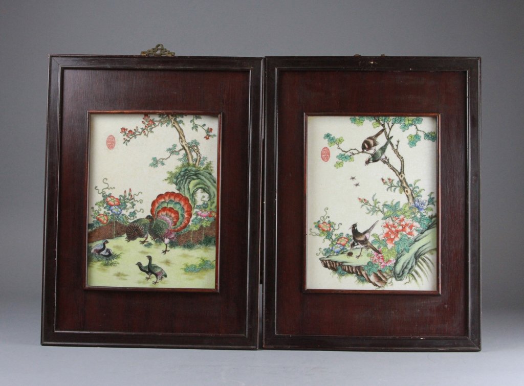 Pair Of Famille Rose Porcelain Plaques Bird Flower: Height: 19.5 inches, Width: 14.5 inches.
