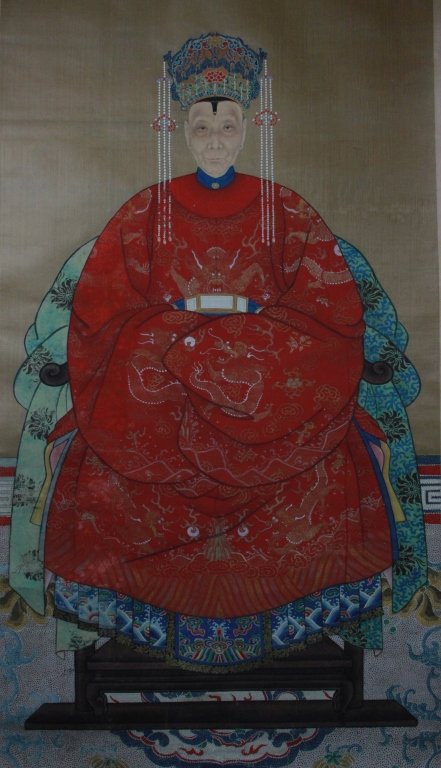 Chinese Ancestor Painting Female: Height: 68 inches, Width: 32.5 inches.