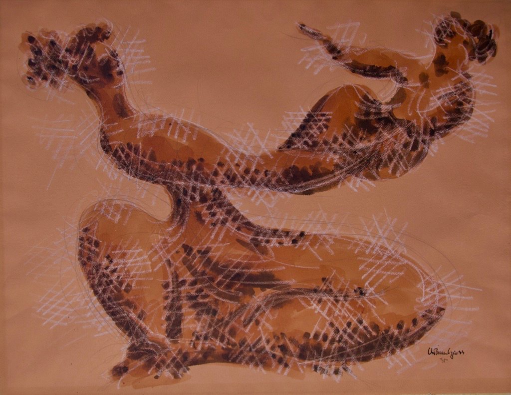 Original pastel and ink on paper: Original pastel and ink on paper drawing by Chaim Gross, Image shows a mother playing with a child. Signed lower right. 19" H x 24" W. Framed.