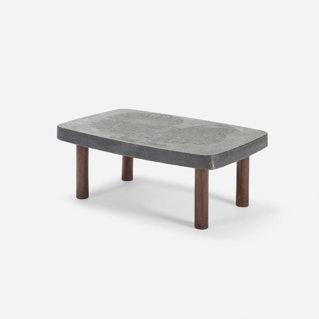 Roger Capron and Jean Derval, coffee table: Roger Capron and Jean Derval coffee table France, c. 1970stamped lead over wood, stained oak31.25 w x 21.25 d x 11.5 h in (79 x 54 x 29 cm) Impressed signature to edge: [R. Capron].