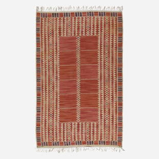 Barbro Nilsson, Salerno flatweave carpet: Barbro Nilsson Salerno flatweave carpet Marta Maas-Fjetterstrom ABSweden, 1948hand-woven wool79 w x 121 l in (201 x 307 cm) Woven signature to edge: [AB MMF BN]. Literature:<