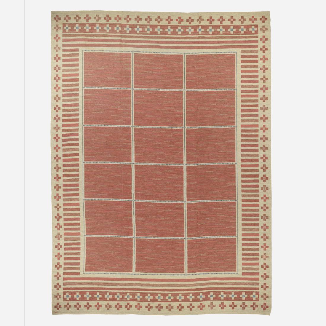 Edna Martin, Monumental flatweave carpet: Edna Martin Monumental flatweave carpet Svensk HemslojdSweden, c. 1950hand-woven wool137 w x 192 l in (348 x 488 cm) Woven studio mark to edge: [SH].