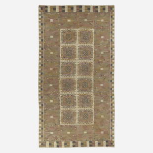 Barbro Nilsson, Monumental Carnation tapestry weave: Barbro Nilsson Monumental Carnation tapestry weave carpet Marta Maas-Fjetterstrom ABSweden, 1950hand-woven wool109 w x 205 l in (277 x 521 cm) Woven signature to edge: [AB MMF BN]. <