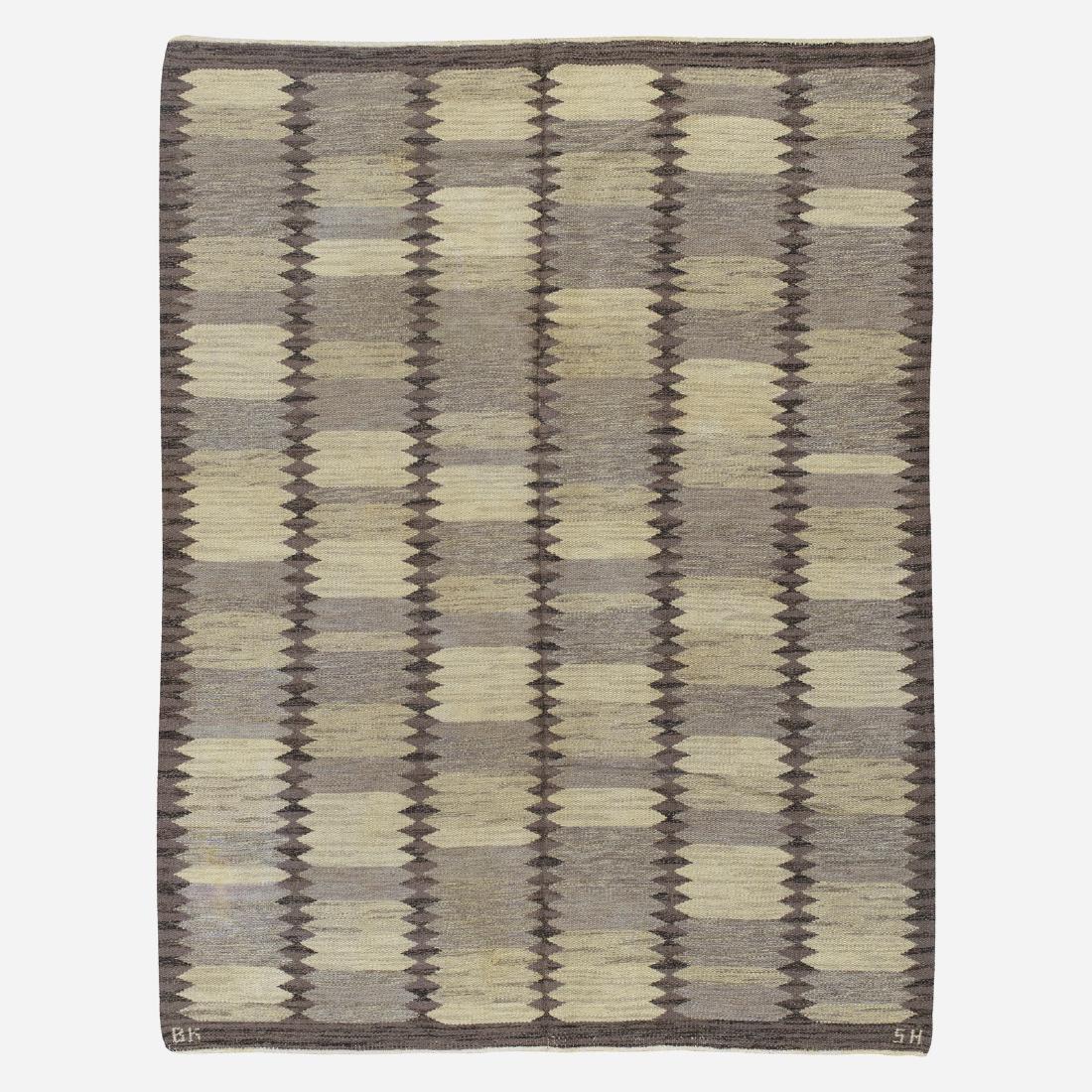 Berit Koenig, flatweave carpet: Berit Koenig flatweave carpet Svensk HemslojdSweden, c. 1955hand-woven wool71 w x 93 l in (180 x 236 cm) Woven signature to edge: [BK SH].