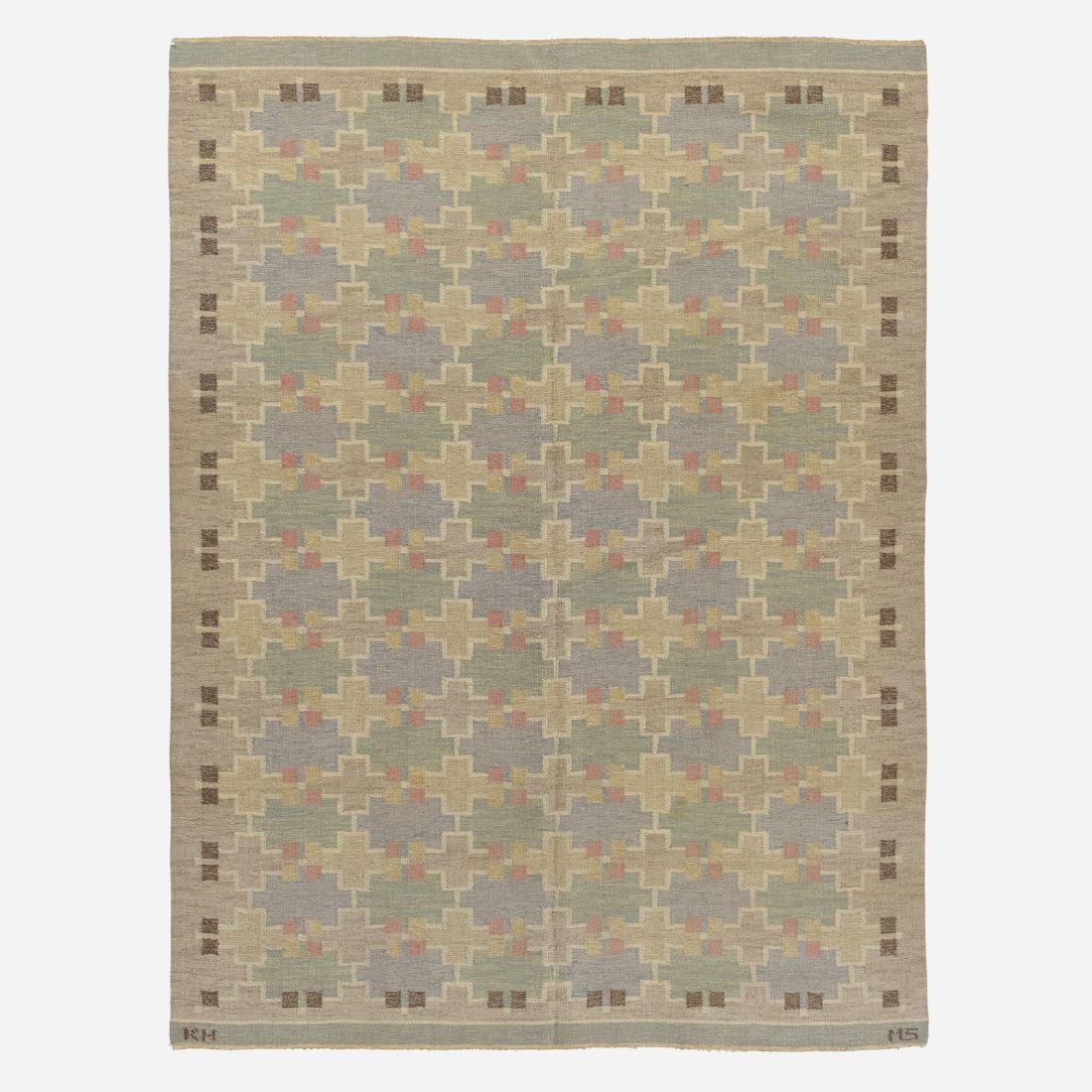 Maj Svanstrom, flatweave carpet: Maj Svanstrom flatweave carpet Klockargarden HemslojdSweden, c. 1940hand-woven wool88 w x 118 l in (224 x 300 cm) Woven signature to edge: [KH MS].