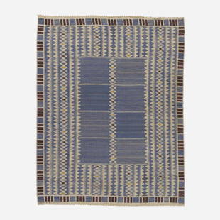 Barbro Nilsson, Salerno flatweave carpet: Barbro Nilsson Salerno flatweave carpet Marta Maas-Fjetterstrom ABSweden, 1948hand-woven wool77 w x 98 l in (196 x 249 cm) Woven signature to edge: [AB MMF BN]. Literature:</