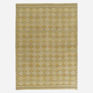 Barbro Nilsson, Spattan tapestry weave carpet: Barbro Nilsson Spattan tapestry weave carpet Marta Maas-Fjetterstrom ABSweden, 1943hand-woven wool99 w x 138 l in (251 x 351 cm) Woven signature to edge: [AB MMF BN]. Literat