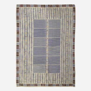 Barbro Nilsson, Salerno flatweave carpet: Barbro Nilsson Salerno flatweave carpet Marta Maas-Fjetterstrom ABSweden, 1948hand-woven wool94 w x 126 l in (239 x 320 cm) Woven signature to edge: [AB MMF BN]. Literature:<