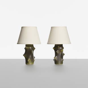Knud Basse, table lamps, pair: Knud Basse table lamps, pair Michael Andersen & SonDenmark, c. 1955glazed stoneware, linen8.5 dia x 13 h in (22 x 33 cm) Signed with impressed manufacturer's mark and stuido cipher to under