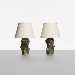 Knud Basse, table lamps, pair: Knud Basse table lamps, pair Michael Andersen & SonDenmark, c. 1955glazed stoneware, linen8.5 dia x 13 h in (22 x 33 cm) Signed with impressed manufacturer's mark and stuido cipher to under