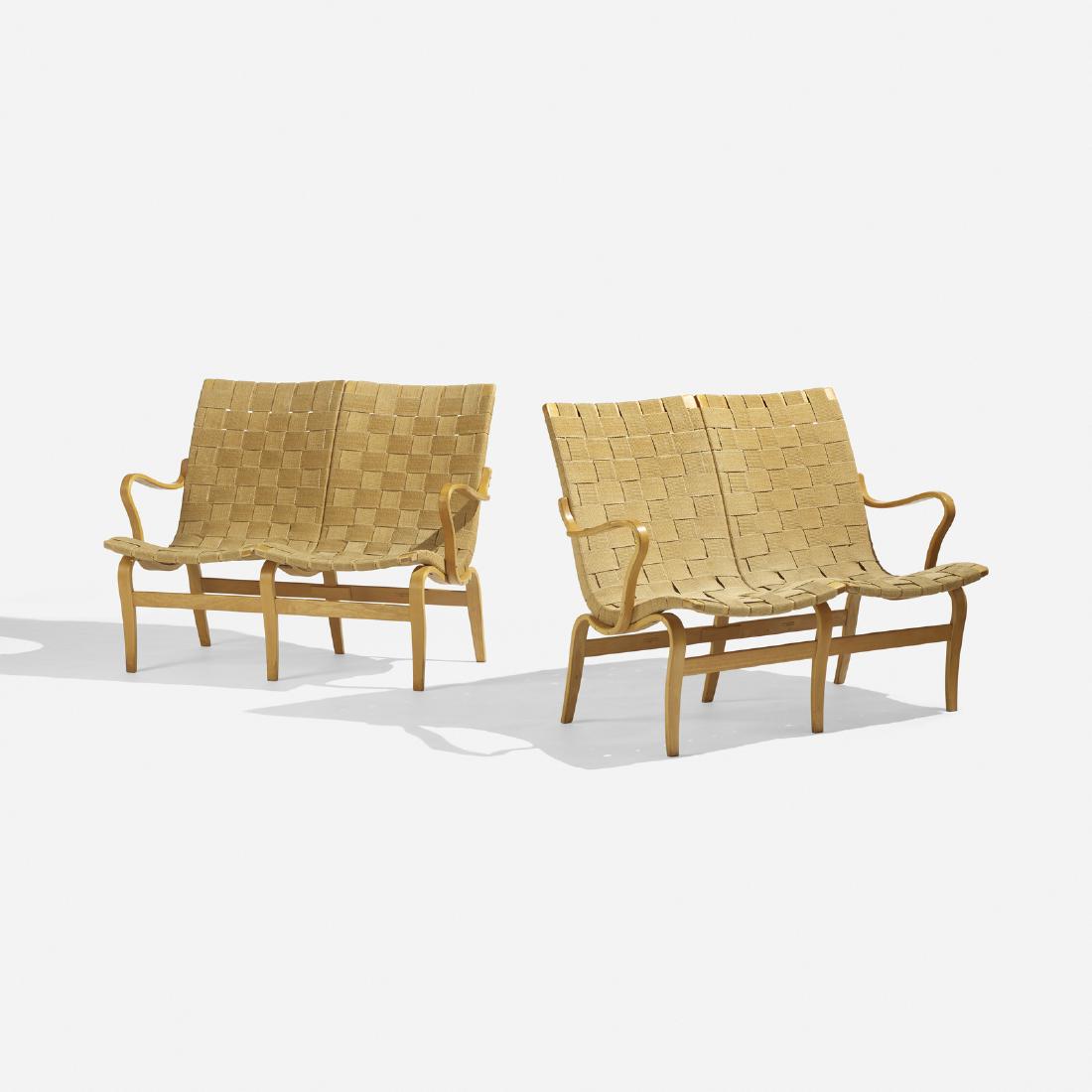 Bruno Mathsson, Eva settees, pair: Bruno Mathsson Eva settees, pair Firma Karl MathssonSweden, 1935 / 1974laminated steam-bent beech, canvas43 w x 27.5 d x 33 h in (109 x 70 x 84 cm) Signed with branded manufacturer's marks