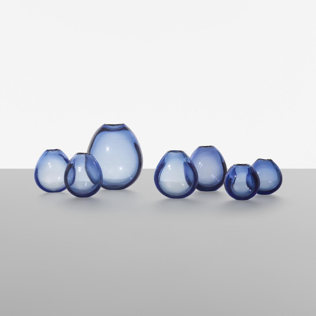 Per Lutken, Drop vases, set of seven: Per Lutken Drop vases, set of seven HolmegaardDenmark, c. 1960glass8 w x 7.5 d x 9.5 h in (20 x 19 x 24 cm) Incised manufacturer's mark to underside of six examples: [Holmegaard].