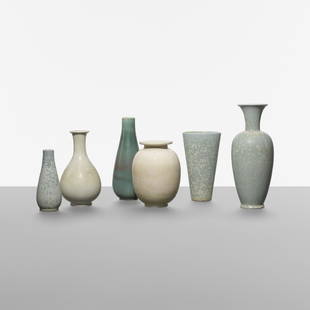 Gunnar Nylund, collection of six vases: Gunnar Nylund collection of six vases Rorstrand Sweden, c. 1950 glazed stoneware 5 dia x 12.75 h in (13 x 32 cm) Signed with incised manufacturer's mark to underside of each example: [R Sweden GN].