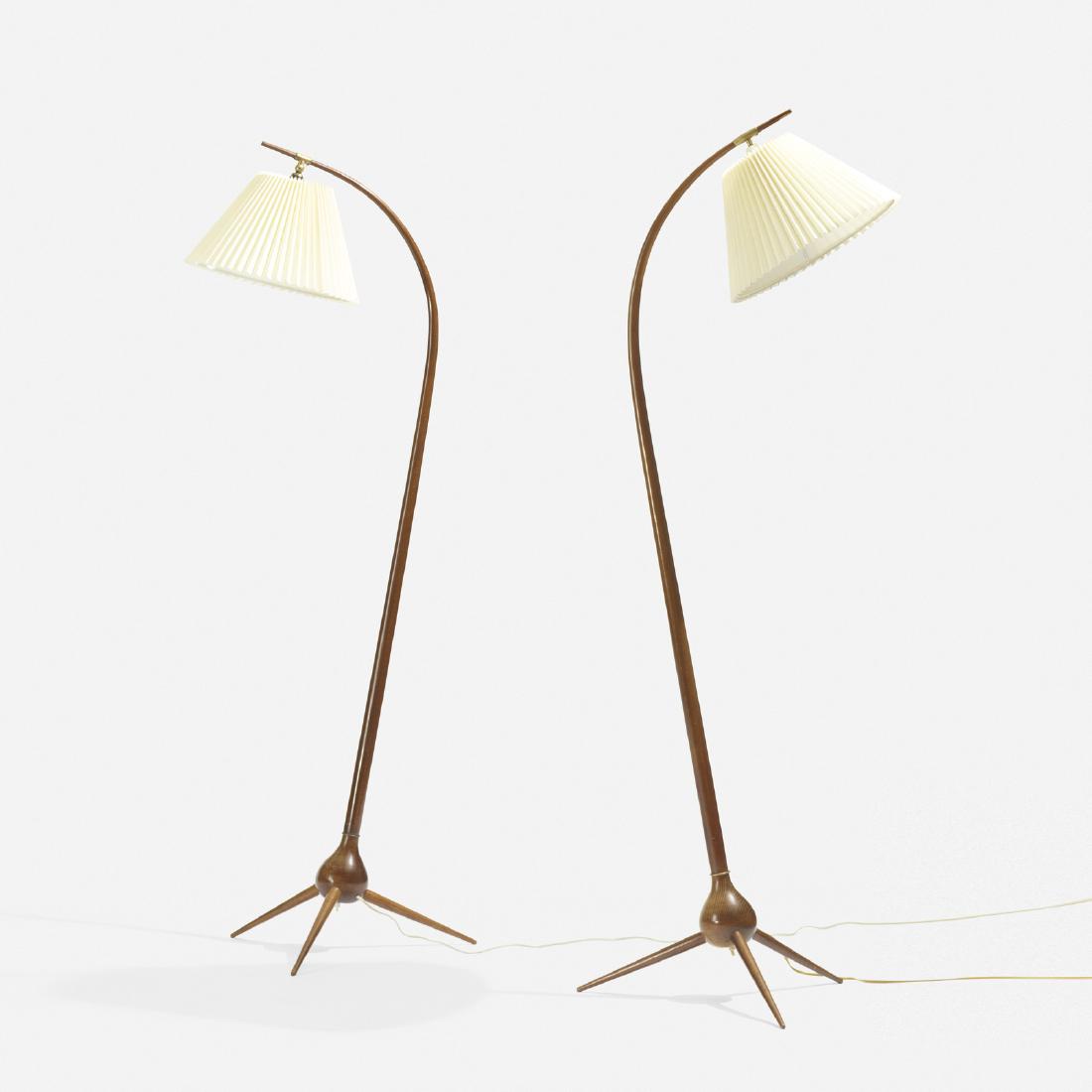 Severin Hansen, floor lamps, pair: Severin Hansen floor lamps, pair Haslev Mobelsnedkeri A/SDenmark, c. 1955stained beech, paper, brass18 w x 24 d x 63.5 h in (46 x 61 x 161 cm)