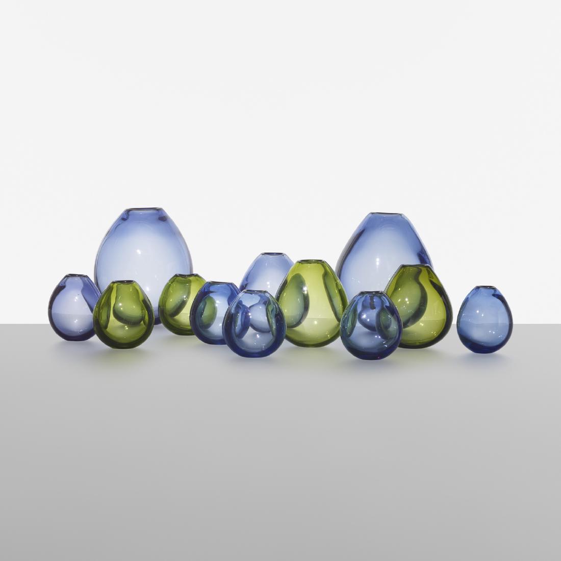 Per Lutken, Drop vases, set of twelve: Per Lutken Drop vases, set of twelve HolmegaardDenmark, c. 1960glass8.5 w x 7.5 d x 9.75 h in (22 x 19 x 25 cm) Incised signature to underside of each example: [Holmegaard]. Signed with dec