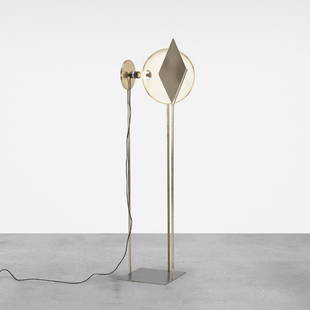 Vittorio Gregotti, Shin floor lamp: Vittorio Gregotti Shin floor lamp CandleItaly, 1973stainless steel, enameled steel, silk12 w x 14 d x 52 h in (30 x 36 x 132 cm) The novel design of this rare lamp allows for direct, reflec