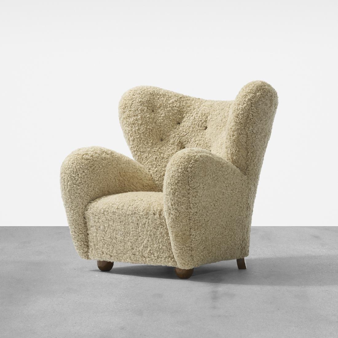 Flemming Lassen, attribution, lounge chair: Flemming Lassen, attribution lounge chair Denmark, c. 1940sheepskin, stained beech37 1/2 w x 38 d x 38 h in (94 x 97 x 97 cm)