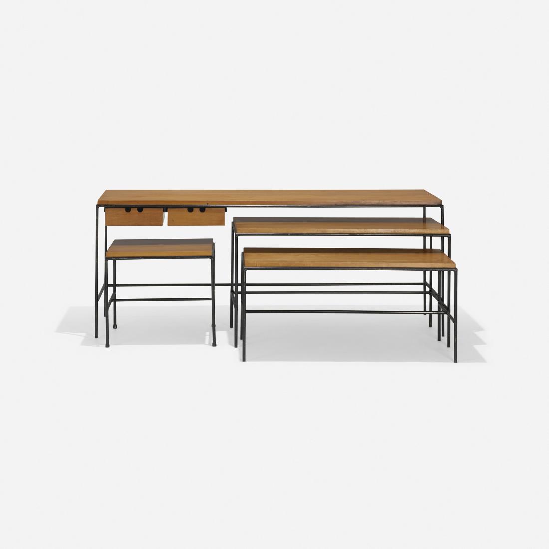Paul McCobb, Planner Group nesting tables, set of four: Paul McCobb Planner Group nesting tables model 1595, set of four WinchendonUSA, 1952maple, enameled steel60 w x 22 d x 23.75 h in (152 x 56 x 60 cm) Largest table features two drawers. <