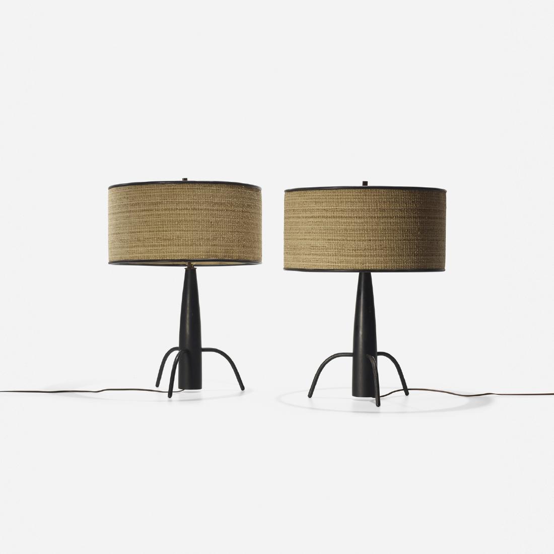 Paul McCobb, attribution, table lamps, pair: Paul McCobb, attribution table lamps, pair RaymorUSA, c. 1950lacquered wood, fabric, enameled steel, brass18 dia x 24.5 h in (46 x 62 cm) Provenance: R & Company, New York