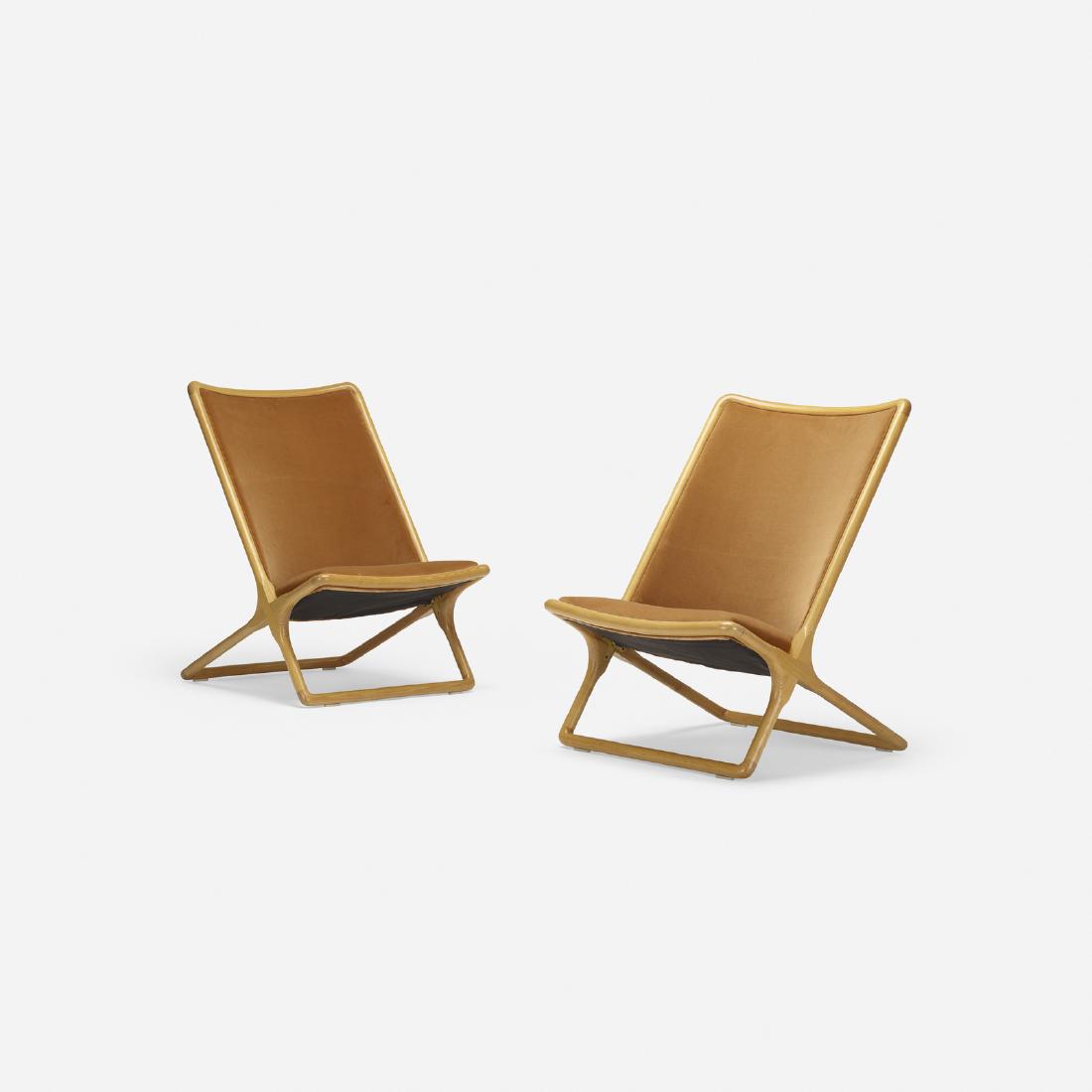 Ward Bennett, Scissor chairs, pair: Ward Bennett Scissor chairs, pair Brickel AssociatesUSA, 1968ash, upholstery24.25 w x 29 d x 35 h in (62 x 74 x 89 cm)